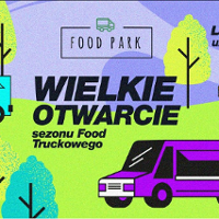 Rysunkowe food trucki stojące na trawie w otoczeniu drzew. Na środku napis "WIELKIE OTWARCIE sezonu Food Truckowego".