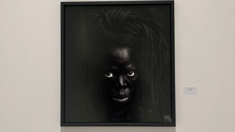 Czarno-biały portret czarnoskórej kobiety w dredach, patrzy prosto w obiektyw.