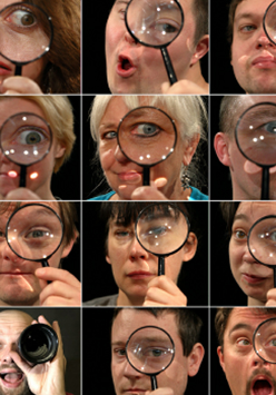 Twarze ludzi. Każda z lupą lub obiektywem przy oku.