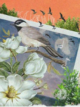 Ptaki. kwiaty, drzewa na pomarańczowym i niebieskim tle.