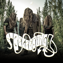 Na fotografi widzać 4 postacie ze spuszczonymi głowami i długimi włosami w otoczeniu roślinności. Na pierwszym planie widnieje nazwa Belzebong pisana w wyjątkowy dla zespou sposób.