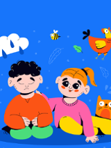 .Obrazek przedstawiający smutnego chłopca i uśmiechniętą dziewczynkę. Wokół nich rysunki kotka, kury, pszczółki, chmury z kroplami deszczu.