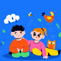 .Obrazek przedstawiający smutnego chłopca i uśmiechniętą dziewczynkę. Wokół nich rysunki kotka, kury, pszczółki, chmury z kroplami deszczu.