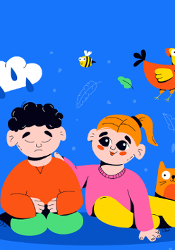 .Obrazek przedstawiający smutnego chłopca i uśmiechniętą dziewczynkę. Wokół nich rysunki kotka, kury, pszczółki, chmury z kroplami deszczu.