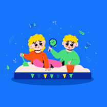 Rysunek dwójki dzieci - chłopca i dziewczynki - siedzących w piaskownicy.