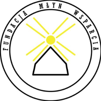 Schematyczny rysunek młyna, dookoła ramka z napisem Fundacja Młyn Wsparcia.