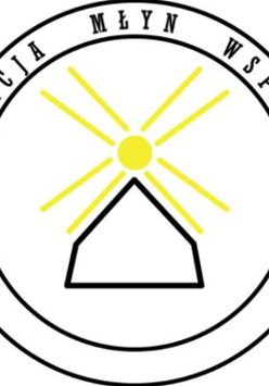 Schematyczny rysunek młyna, dookoła ramka z napisem Fundacja Młyn Wsparcia.