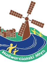 Logo Fundacji Młyn Wsparcia, grafika przedstawia wijącą się rzekę, z domami na brzegu i młynem.