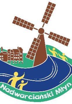 Logo Fundacji Młyn Wsparcia, grafika przedstawia wijącą się rzekę, z domami na brzegu i młynem.