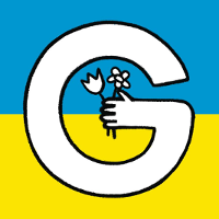 Litera G na tle w barwach flagi Ukrainy.