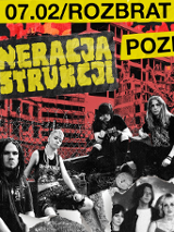 Plakat koncertowy punkowego zespołu Generacja Destrukcji - 7.02, Rozbrat w Poznaniu; kolaż młodych muzyków na tle industrialnej zabudowy w czarno-czerwonej stylistyce.