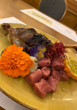 Zdjęcie, na talerzu noga gęsia, obok różowe kluseczki, kwiaty jadalne