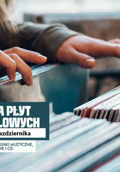 Zdjęcie, liczne płyty winylowe, które przekładnane są przez dłonie, z boku napis Giełda Płyt Winylowych, 25 - 26 października.