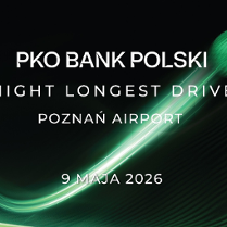 Wizualizacja świecącej piłki golfowej w locie, informacja o zawodach golfowych na lotnisku w dniu 9 maja.