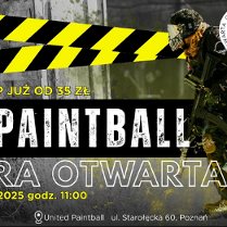 Plakat reklamujący otwartą grę paintballową organizowaną przez United Paintball. Na plakacie widoczny jest zawodnik w pełnym kamuflażu i maską ochronną, trzymający marker paintballowy. Tło to industrialna sceneria z żółto-czarną taśmą ostrzegawczą na górze.