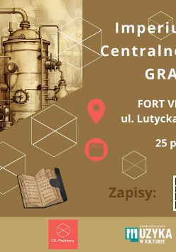 Plakat przedstawia starą maszynerię parową. Po prawej biały napis "Imperium Pary: Kryzys Centralnej Maszyny Czasu. Gra terenowa".