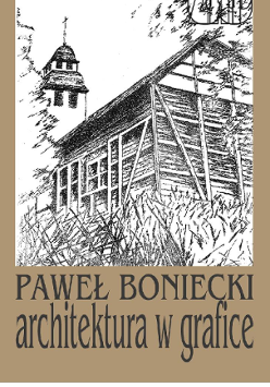 Drewniany kościół - rysunek czarno-biały, pod nim nazwisko artysty i tytuł wystawy, brązowa ramka