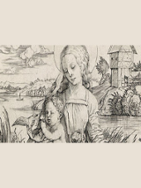 Jedna z grafik Dürera, przedstawiająca kobietę z małym chłopcem trzymającym w dłoni mewę - prawdopodobnie jest to Matka Boska z Dzieciątkiem Jezus