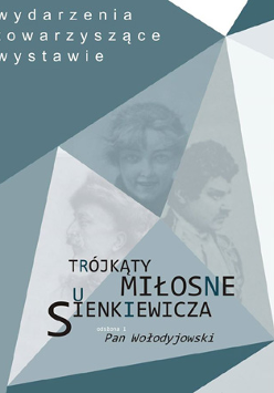 Grafika w odcieniach niebieskiego i turkusu, kształt trójkątów. Na ich tle trzy postacie, prawdopodobnie bohaterowie dzieł Sienkiewicza.