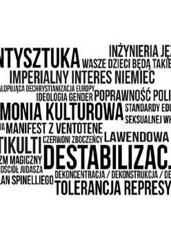 Czarne napisy na białym tle, wyrazy nawiązują do tematu wystawy (np. antysztuka, hegemonia kulturowa).
