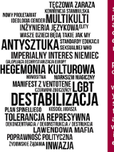 Czarne napisy na białym tle, wyrazy nawiązują do tematu wystawy (np. antysztuka, hegemonia kulturowa).