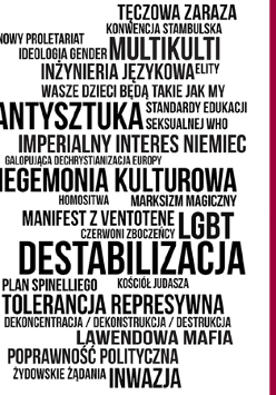 Czarne napisy na białym tle, wyrazy nawiązują do tematu wystawy (np. antysztuka, hegemonia kulturowa).