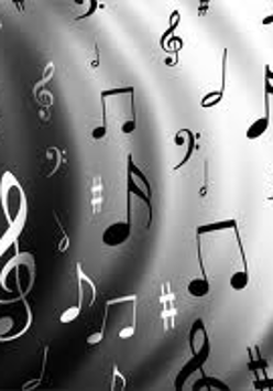 Grafika przedstawia biało-czarne nuty na szarym tle.