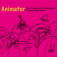 Grafika przedstawia plakat festiwalu. Na czerwonym tle żółty napis Animator. Pod napisem rysunki różnych postaci.