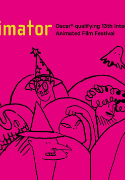 Grafika przedstawia plakat festiwalu. Na czerwonym tle żółty napis Animator. Pod napisem rysunki różnych postaci.