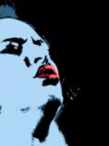 Na grafice na czarnym tle niebieska twarz artystki z ustami pomalowanymi na czerwono.