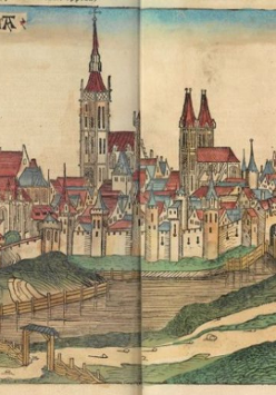 Grafika przedstawia drzeworytową ilustracją panoramy średniowiecznego miasta.