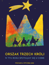 Na grafice trzy postacie na wielbłądach na tle kolorowej korony. Na dole napis Orszak Trzech Króli.
