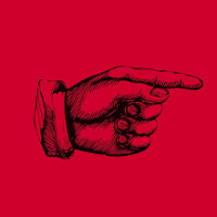 Dłoń z wyciągniętym wskazującym palcem na czerwonym tle.