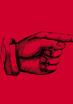 Dłoń z wyciągniętym wskazującym palcem na czerwonym tle.