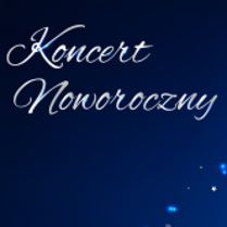Na granatowym tle napis koncert noworoczny.