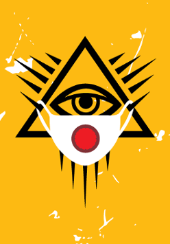 Na żółtym tle czarny znak oka opatrzności, na którym wisi maseczka ochronna.