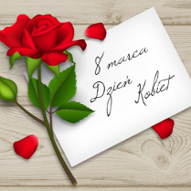 Na grafice czerwona róża i napis 8 marca Dzień Kobiet.