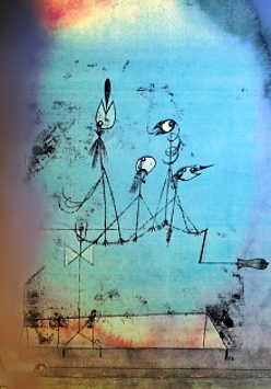 Obraz przedstawia metalowe ćwierkające ptaki na niebieskim tle (na podstawie obrazu Paula Klee pt. "Ćwierkająca maszyna")