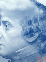 Na grafice profil Chopina w niebieskiej tonacji.