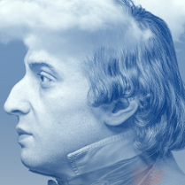 Na grafice profil Chopina w niebieskiej tonacji.