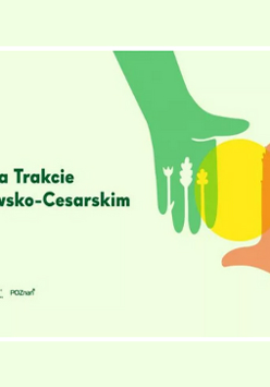 Dwie dłonie: jedna symbolizująca przyrodę i druga zabytki dotykają koła symbolizującego słońce.