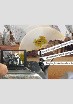 Grafika utrzymana w szaro-brązowych kolorach to kolaż złożony z warstw. Na pierwszym planie widoczna jest ręka bez dłoni, obok niej na stoliku stoi komputer z czaro-białym obrazem dwóch piesków, dalej widać protezę oraz otwartą dłoń wyprężoną do góry. Po prawej stronie kadru umieszczone zostały tytuły w trzech wersjach językowych. W tle jest pustynia, z której wyrastają skały i nienaturalnych rozmiarów kaktusy. Pomiędzy skałami i kaktusami wyrasta drzewo, nad którym rozpostarta jest tęcza.