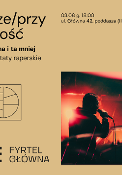 Grafika zawiera informacje dotyczące cyklu warsztatów raperskich prze/przyszłość w ramach rezydencji społeczno-artystycznych. Po prawej stronie znajduje się fotografia, na której widać profil mężczyzny trzymającego mikrofon.