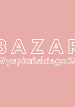 Na grafice na różowym tle biały napis Bazar Wyspiańskiego 26.