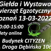 Nazwa oraz podstawowe informacje dotyczące wydarzenia; na środku grafika jaszczurki z napisem "ŚWIAT EGZOTYKI"