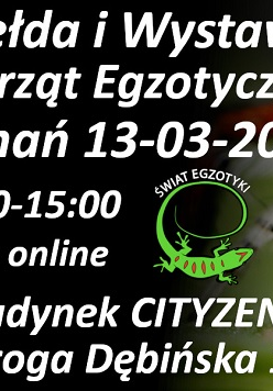 Nazwa oraz podstawowe informacje dotyczące wydarzenia; na środku grafika jaszczurki z napisem "ŚWIAT EGZOTYKI"