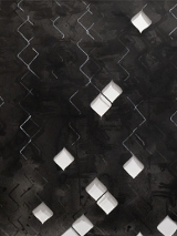 Siatka na ciemnym tle. Kilka oczek wypełnionych białymi kryształkami.