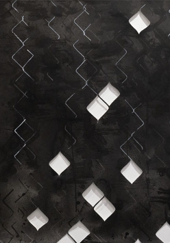 Siatka na ciemnym tle. Kilka oczek wypełnionych białymi kryształkami.