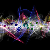 Na grafice kolorowe nuty na pięciolinii na czarnym tle.