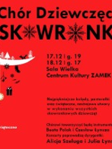 Na czerwonym tle widnieją białe oraz czarne elementy świąteczne - choinki, bombki, prezenty czy też jemioła. W dolnej części grafiki znajduje się logo chóru. Białym tekstem napisano Koncerty Świąteczne. U góry natomiast czarnym tekstem Chór Dziewczęcy Skowronki.